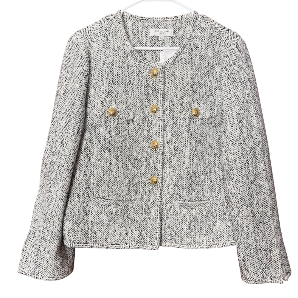 Derek Lam Collective Black White Tweed Herringbone 8 Blazer Business Career Chic